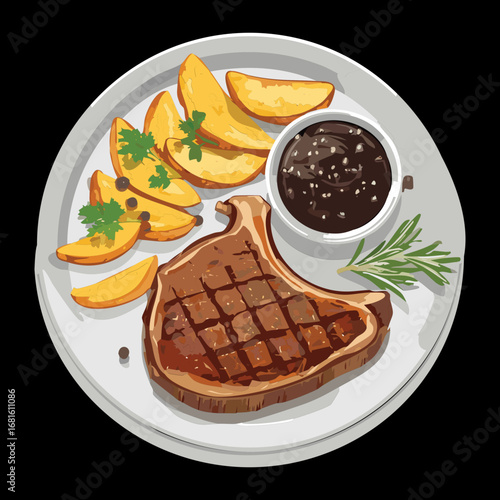 Juicy grilled steak with crispy French fries and a side of dipping sauce, a classic and delicious meal - Vector Illustration