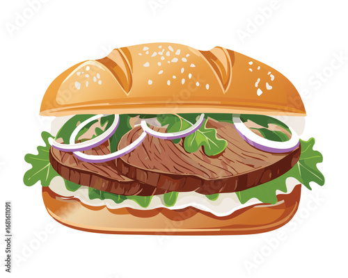 Savory steak sandwich on a toasted bun with fresh tomato, red onion, and melted cheese, a classic favorite - Vector Illustration