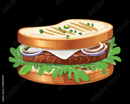 Perfectly grilled steak sandwich, fresh tomato, crisp lettuce, and a savory sauce on a toasted bun - Vector Illustration
