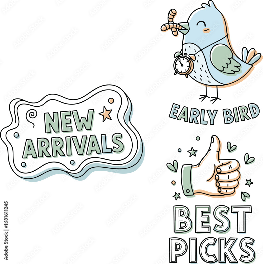 Obraz premium New Arrivals and Early Bird Best Picks Icons
