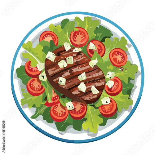 Healthy grilled steak salad with vibrant cherry tomatoes, crisp cucumber, red onion, and crumbled feta cheese - Vector Illustration