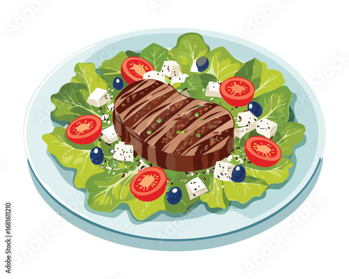 Grilled steak salad with fresh mixed greens, tomatoes, red onions, and feta cheese in a light vinaigrette - Vector Illustration