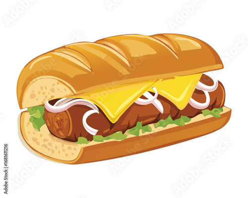 Hearty sub sandwich with melted cheese, steak, and fresh lettuce, a perfect lunch choice - Vector Illustration