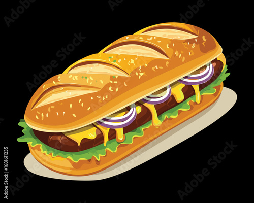 Hearty submarine sandwich with steak, onions, and melted cheese, a filling and tasty lunch - Vector Illustration