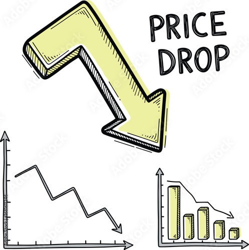 Price drop graphic illustrating market trends with falling and rising charts