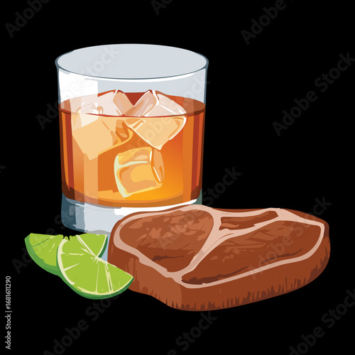 Classic beef steak and a glass of whisky on the rocks, a perfect pairing for dinner - Vector Illustration