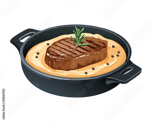 Pan-seared beef steak with a rich brown sauce, a classic and delicious restaurant meal - Vector Illustration