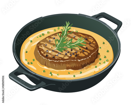 Grilled beef steak on a hot pan with a sprig of rosemary, ready for a delicious dinner - Vector Illustration
