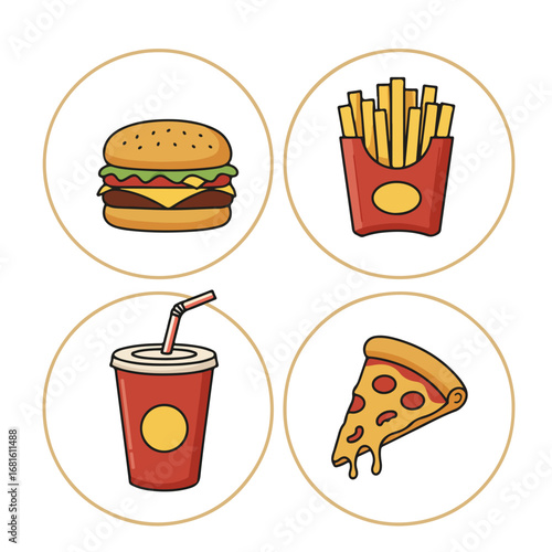 Food Icons Burger, fries, soda, pizza in circles on white backdrop