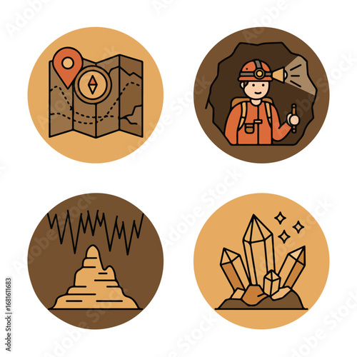 Exploring icons map, miner, cave, and crystals in earth tones