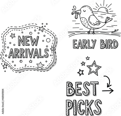 Hand-drawn "New Arrivals" and "Early Bird Best Picks" graphics