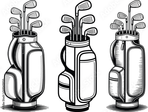 Set of Golf Bags with Clubs Sports Equipment Black and White Illustration.