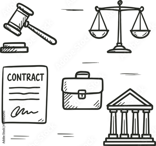 Legal and business icons, hand-drawn style