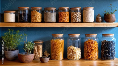Organized pantry shelves with food storage jars