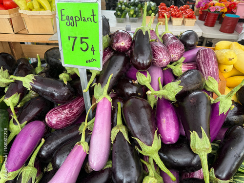 Fresh Eggplants for Sale at the Farmer's Market in Holland, Michigan During a Sunny Weekend