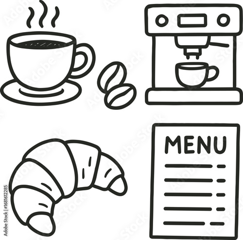 Doodle Coffee Break Icons: Coffee, Croissant, Machine, Menu