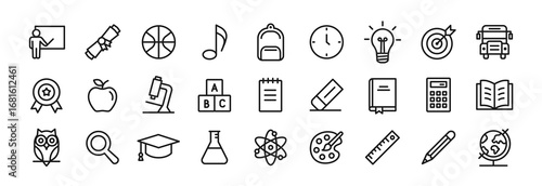 Education line icon set with editable stroke. School icons. Simple outline symbols. Vector Illustration