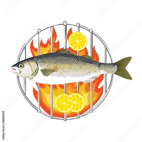 Hot grilled fish with lemon slices and parsley on a barbecue, a classic and delicious dish - Vector Illustration