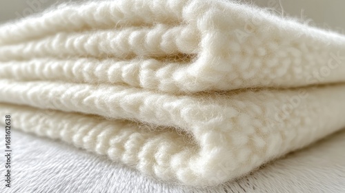 Soft white knitted blankets stacked indoors