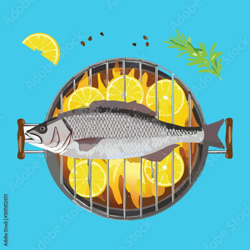 Whole grilled fish with lemons, dill, and herbs, served on a hot barbecue for a summer party - Vector Illustration