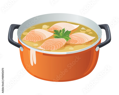 Hearty salmon chowder with fresh vegetables in a pot, a perfect comfort food - Vector Illustration