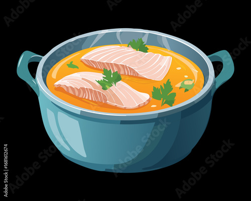 Hot salmon and vegetable soup in a pot, a classic and healthy homemade recipe - Vector Illustration