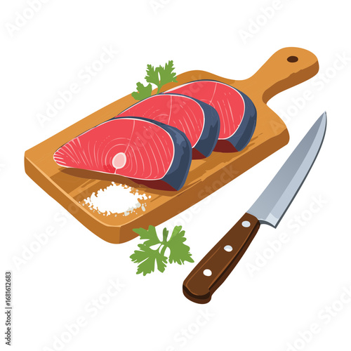 Fresh raw tuna steaks on a wooden cutting board with a knife, ready for a delicious meal - Vector Illustration