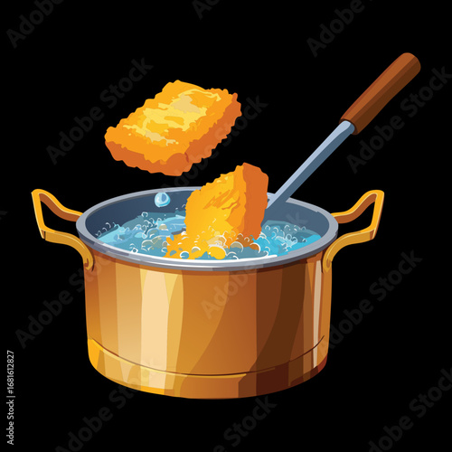 Hot golden-brown fish fillets in a pot of sizzling oil, ready to be served crispy - Vector Illustration