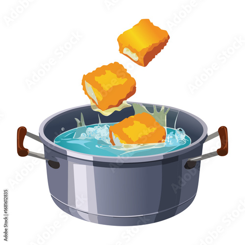 Raw fish fillets ready to be breaded and deep-fried, a classic and tasty snack - Vector Illustratio