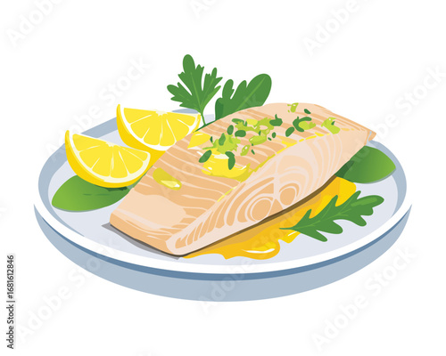 Pan-seared fish fillet on a white plate with fresh parsley and lemon slices, a healthy meal - Vector Illustration