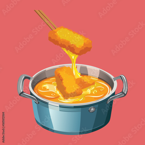 Melting butter and cheese sauce in a pot, ready to be poured over delicious seafood - Vector Illustration