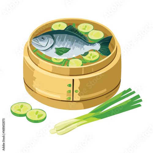 Hot steamed fish with lime and scallions in a bamboo steamer basket, a fresh and aromatic dish - Vector Illustration