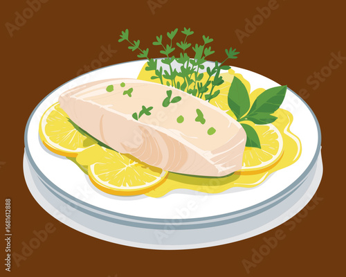 Perfectly cooked fish fillet with herbs and lemon slices on a plate, a simple yet elegant meal - Vector Illustration