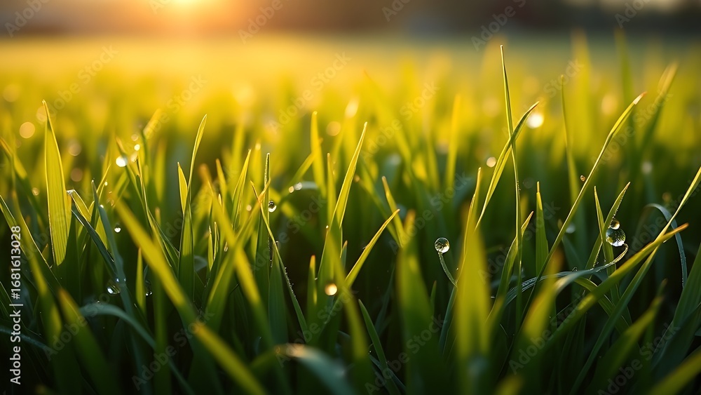 Fototapeta premium A tranquil sunrise over a lush green field, dewdrops glistening like tiny jewels in the morning light.