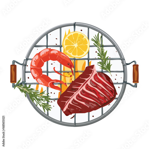 Juicy mixed seafood grill with lobster and king prawn, a perfect summer party dish - Vector Illustration
