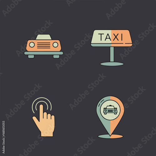 Car icons  Taxi, sign, touch, and location icon set on a dark grey background
