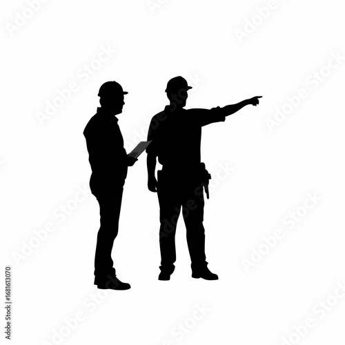 Inspector points at construction worker for safety compliance
