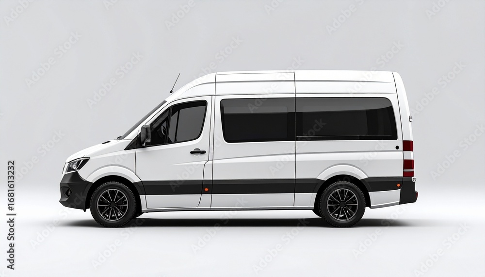 Naklejka premium White high-roof cargo van with black trim and tinted windows on a light gray background