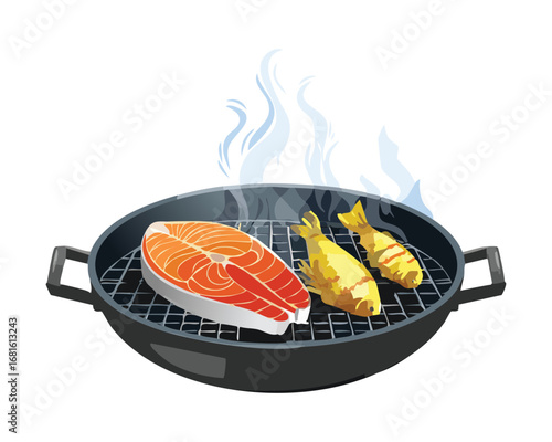 Grilled fish and crab on a barbecue with a smoky flavor, a classic summer meal - Vector Illustration