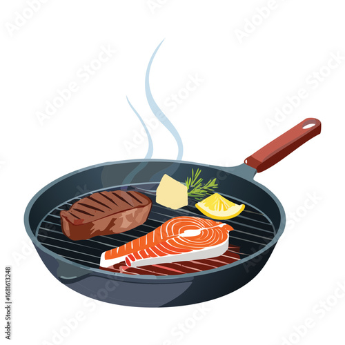 Pan-seared salmon steak on a hot cast iron pan with a slice of lemon and parsley - Vector Illustration