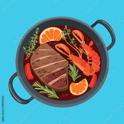 Rich seafood boil with lobster, shrimp, and herbs, a flavorful and aromatic dish for sharing - Vector Illustration