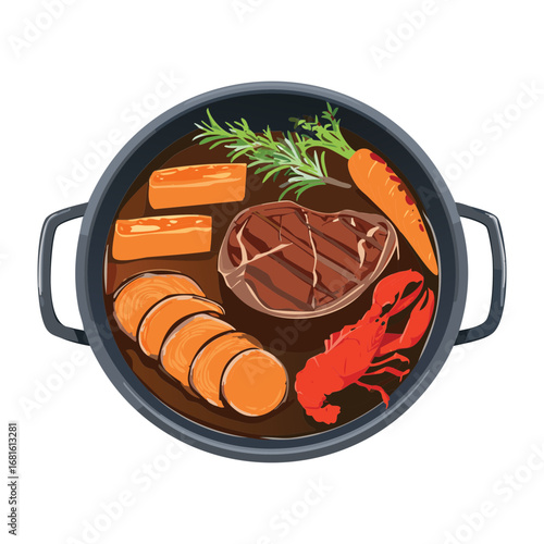 Hearty seafood stew with fresh carrots and vegetables, served hot in a rustic pot - Vector Illustration
