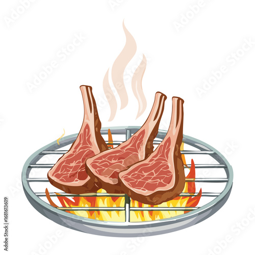 Grilled rack of lamb on a hot grill with a garnish of parsley, a fine dining presentation - Vector Illustration
