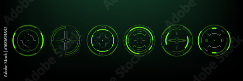 Set of six green hud vector scopes on black background. Futuristic target sight element for ui and ux design.