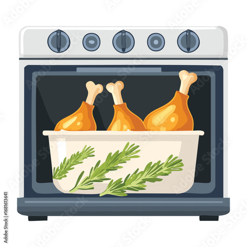 Crispy roasted chicken drumsticks with herbs, hot from the oven, ready for a festive dinner - Vector Illustration