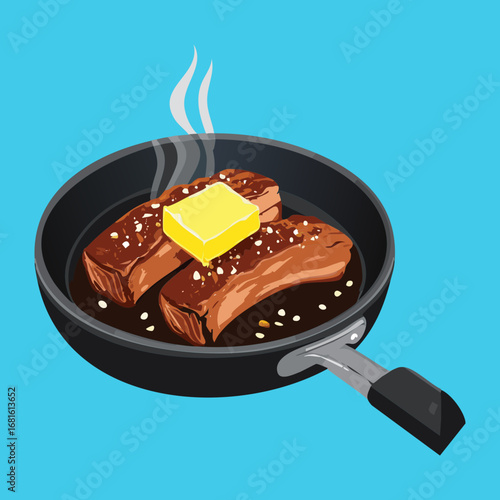 Pan-seared beef ribs with melting butter on a hot pan, a simple yet flavorful dish - Vector Illustration