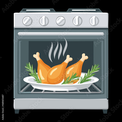 Whole roasted chicken with crispy skin inside a classic oven, a staple for a family feast - Vector Illustration