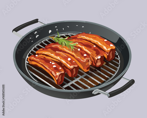 Seasoned beef ribs on a hot pan, ready to be slow-cooked to perfection with a rich sauce - Vector Illustration