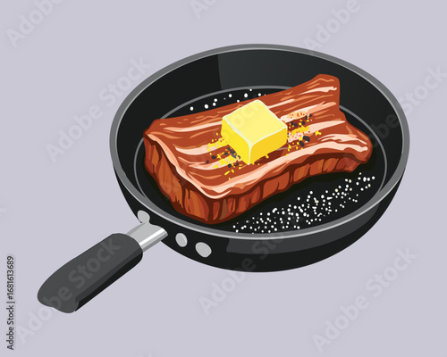 Fresh beef steak with a pat of melting butter and a sprig of rosemary on a hot cast iron pan - Vector Illustration