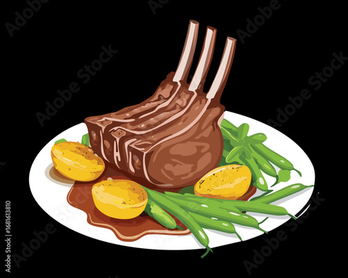 Perfectly seared rack of lamb on a plate with fresh greens and a delicious brown sauce for fine dining - Vector Illustration